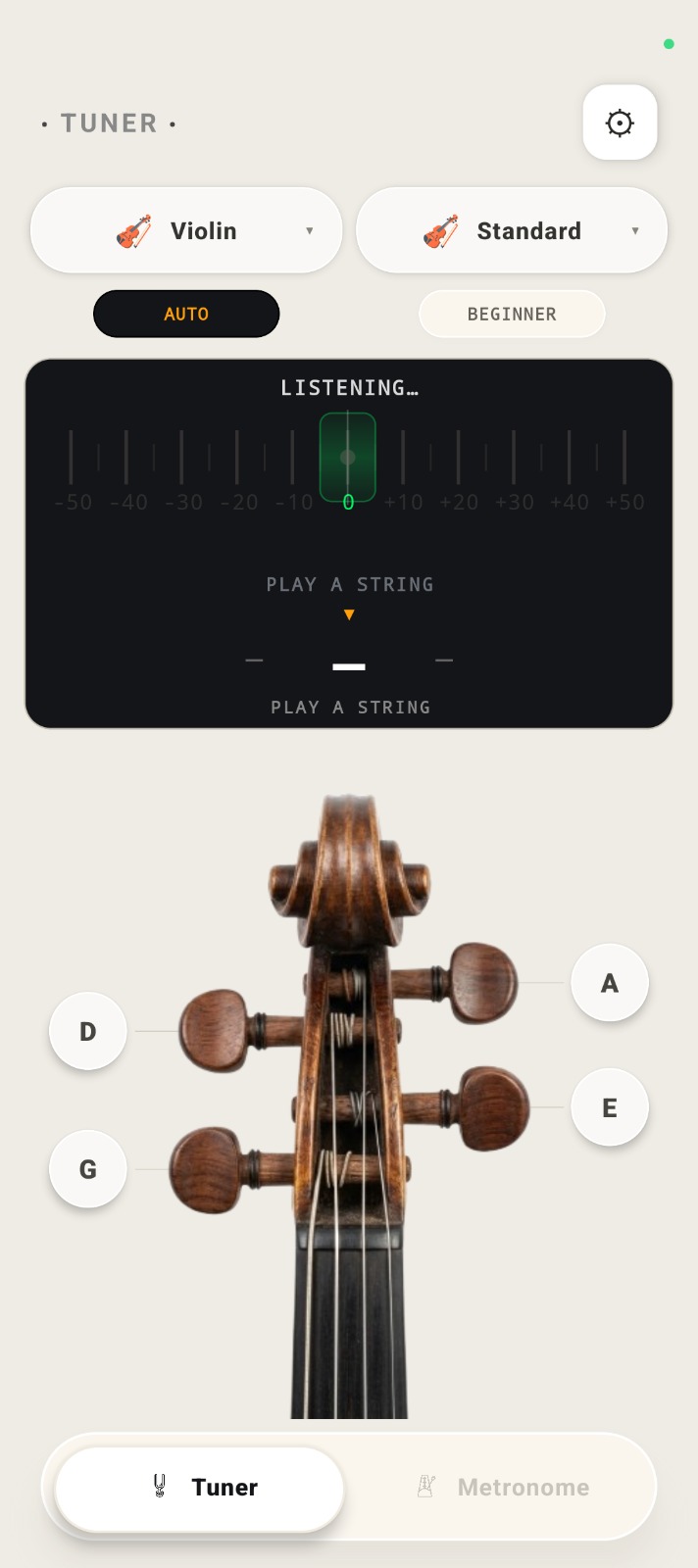 TickWave violin tuner with a stable central reading