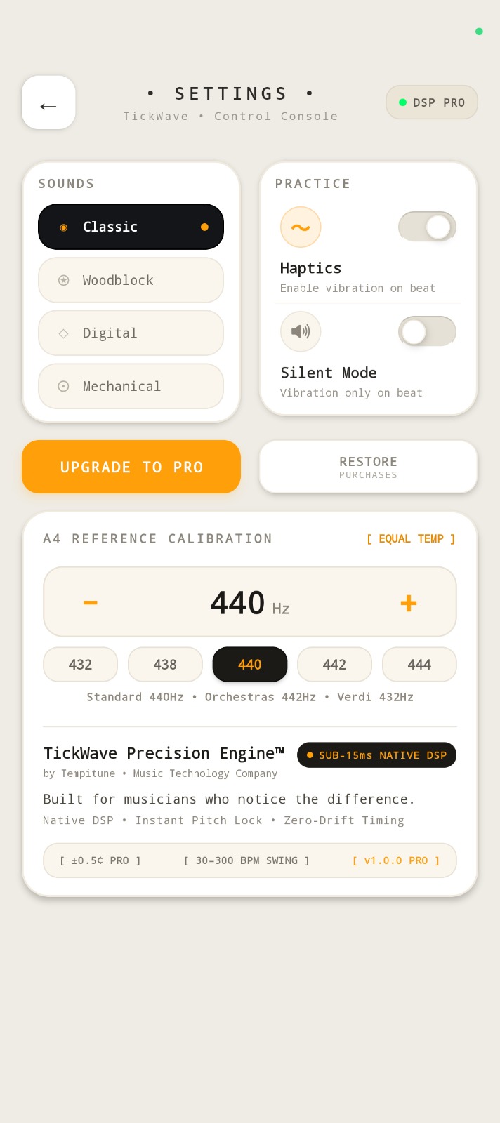 TickWave settings screen for on-device tuner controls