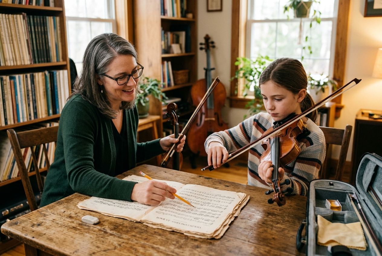 A teacher and student working through a violin lesson at a table