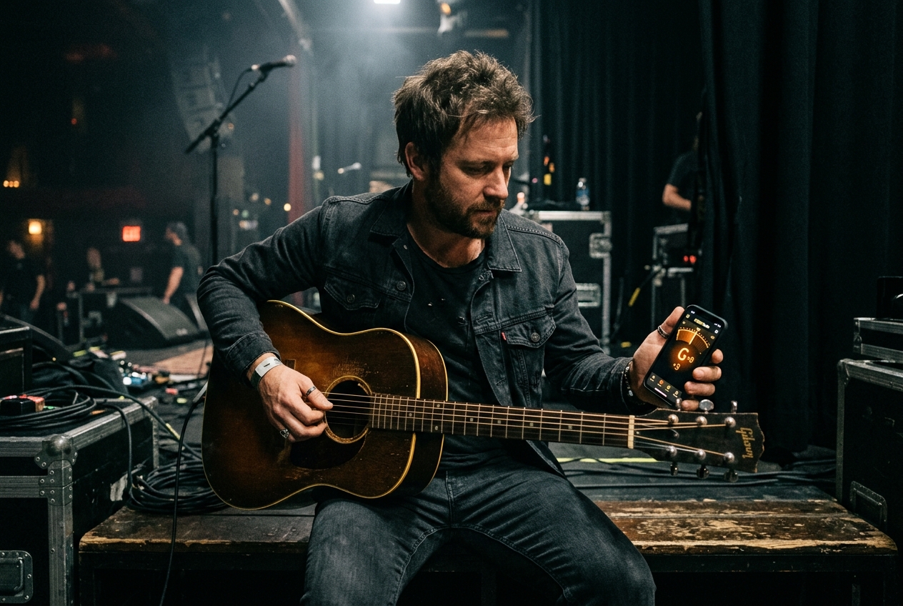 A performer checking tuning in low stage light