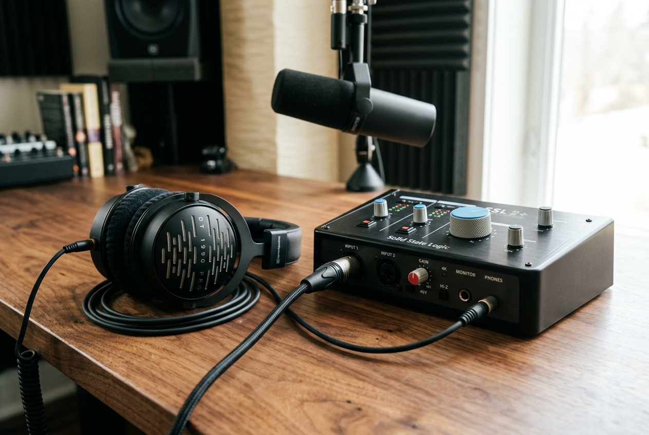 Studio headphones and an audio interface on a warm desk